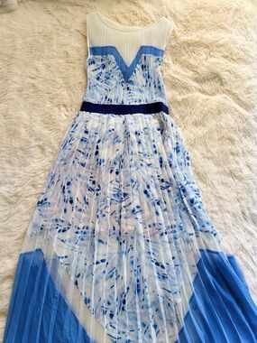 BCBGMaxAzria Blue and White Printed Pleated Maxi Dress